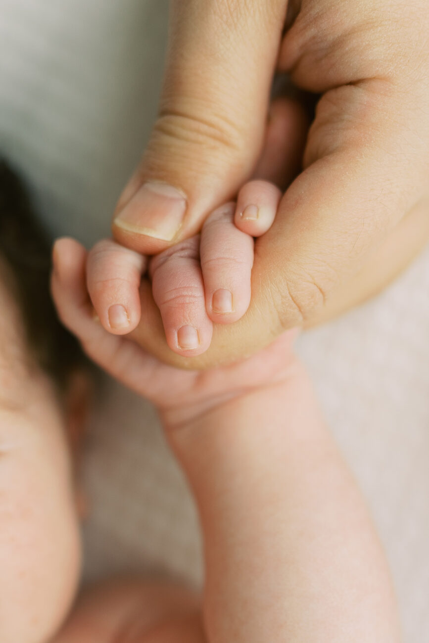 Macro detail of newborn fingers resting in a parent’s hand, Boise newborn photography